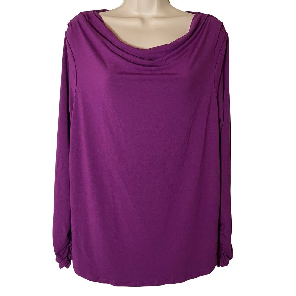 Chicos Cowl Neck Long Sleeve Tee Purple Size 3 (XL) Ruched Sleeve Casual Classic